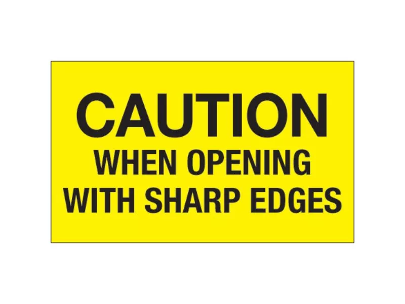 "Caution When Opening With Sharp Edges" Fluorescent Yellow Labels
