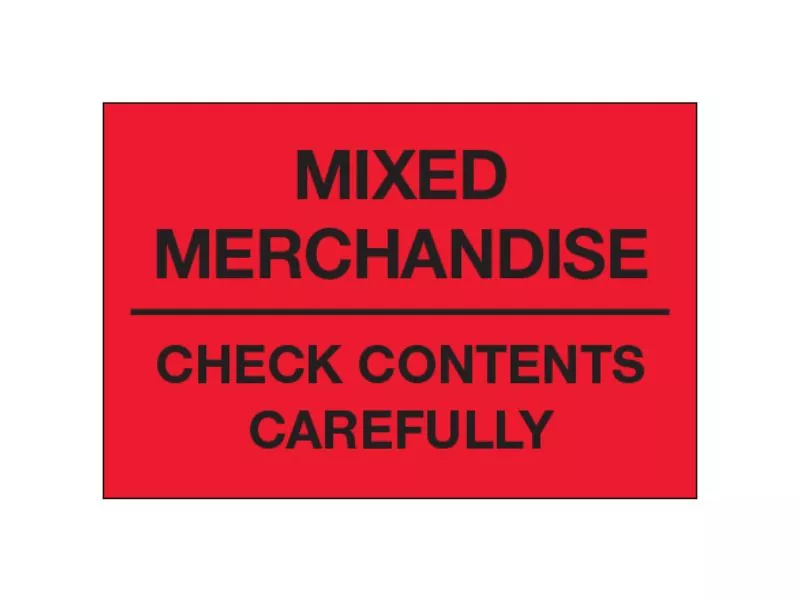 "Mixed Merchandise - Check Contents Carefully" Fluorescent Red Labels